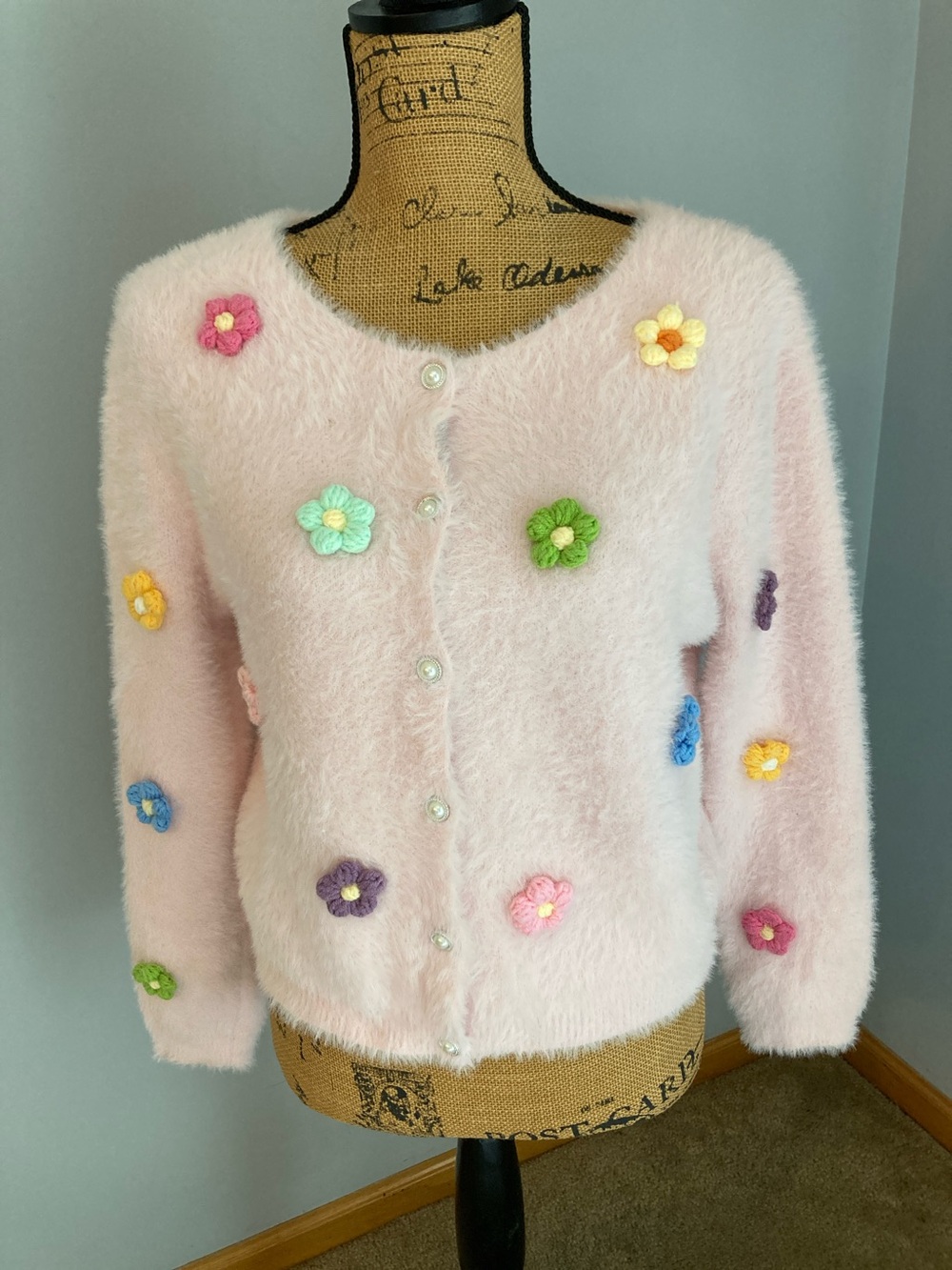 NWOT Lola + The Boys Pink Fuzzy Cardigan Multi 3D Crochet Flowers Girls Size 12